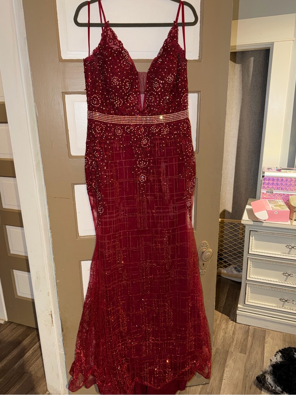 Elegant Burgundy Beaded Prom Dress with Jeweled Waist